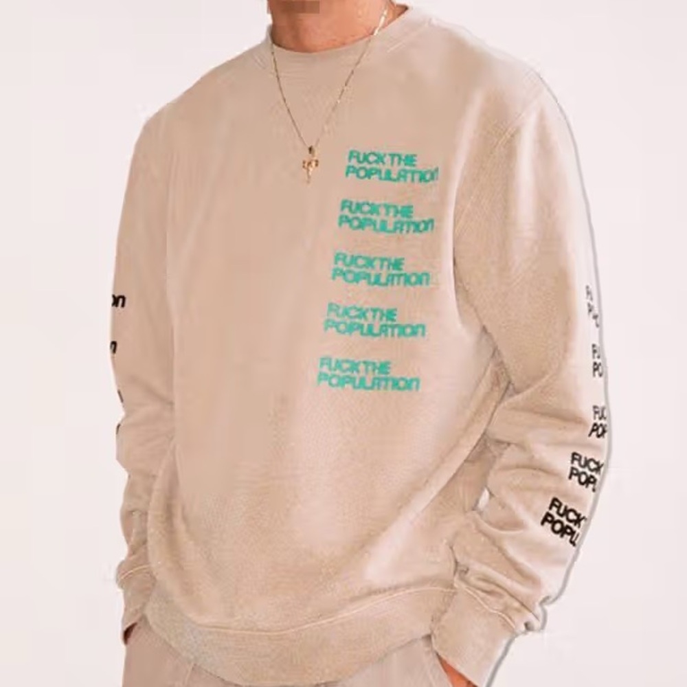 FTP Beige Graphic Crewneck Sweater with Mix Print Sz Lg